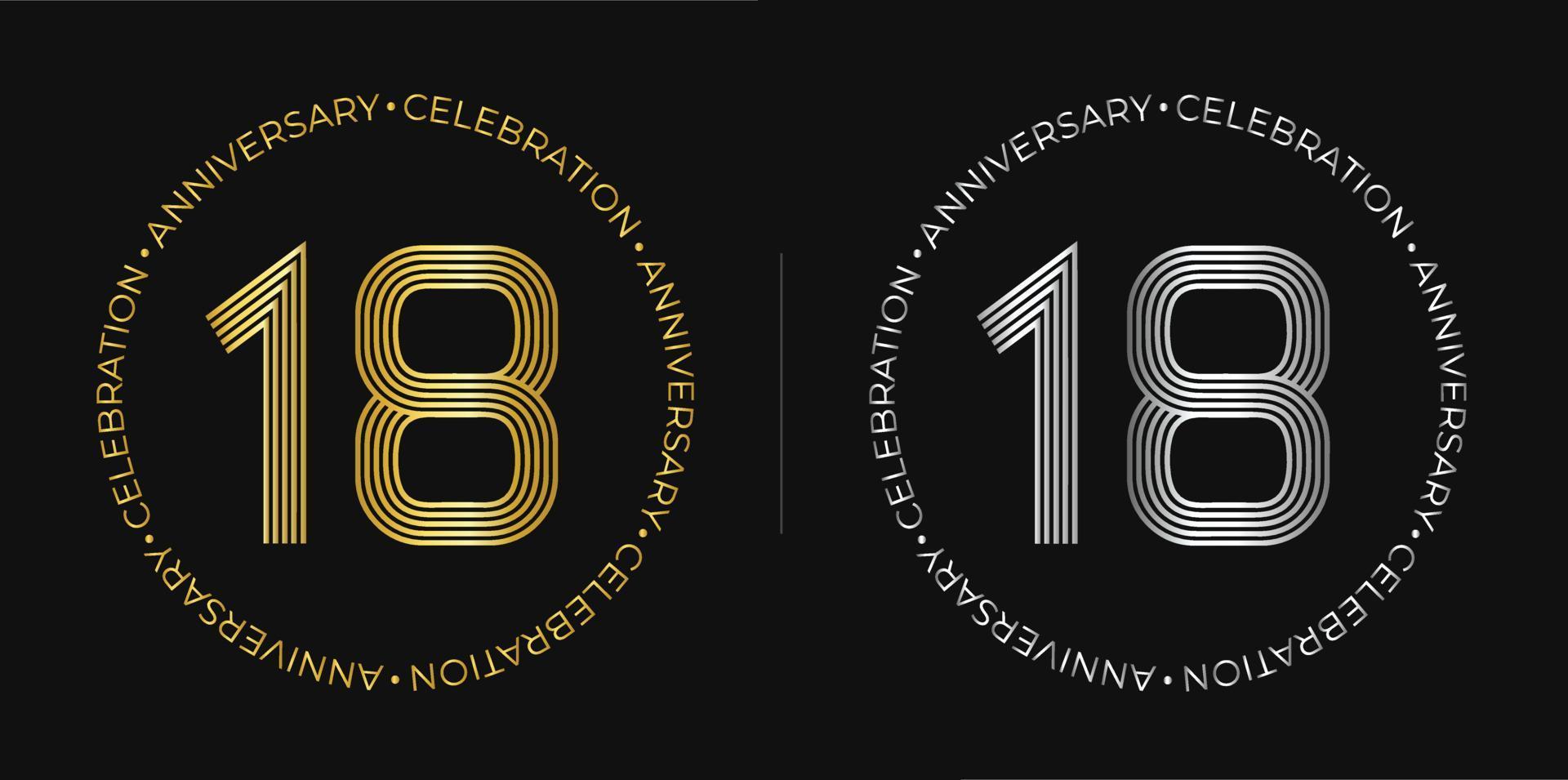 18th birthday. Eighteen years anniversary celebration banner in golden and silver colors. Circular logo with original numbers design in elegant lines. vector