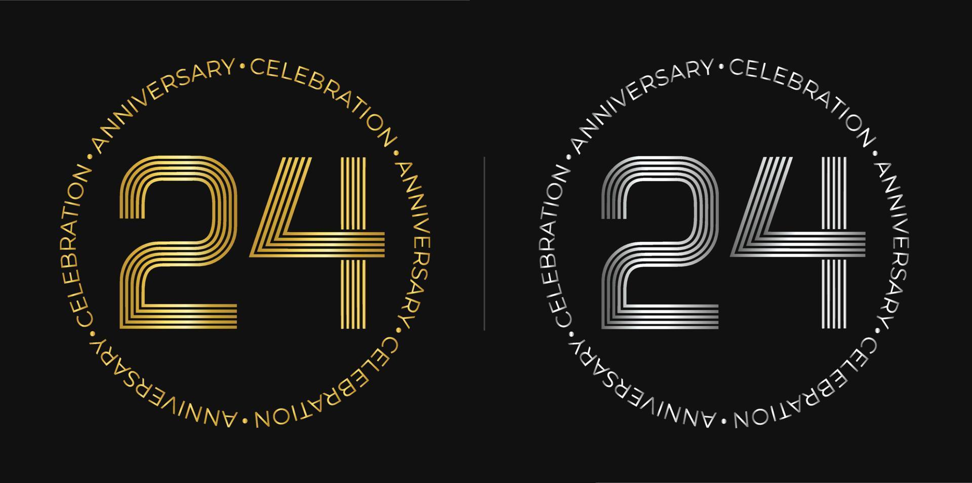 24 cumpleaños. banner de celebración de aniversario de veinticuatro años en colores dorado y plateado. logo circular con diseño de números originales en líneas elegantes. vector