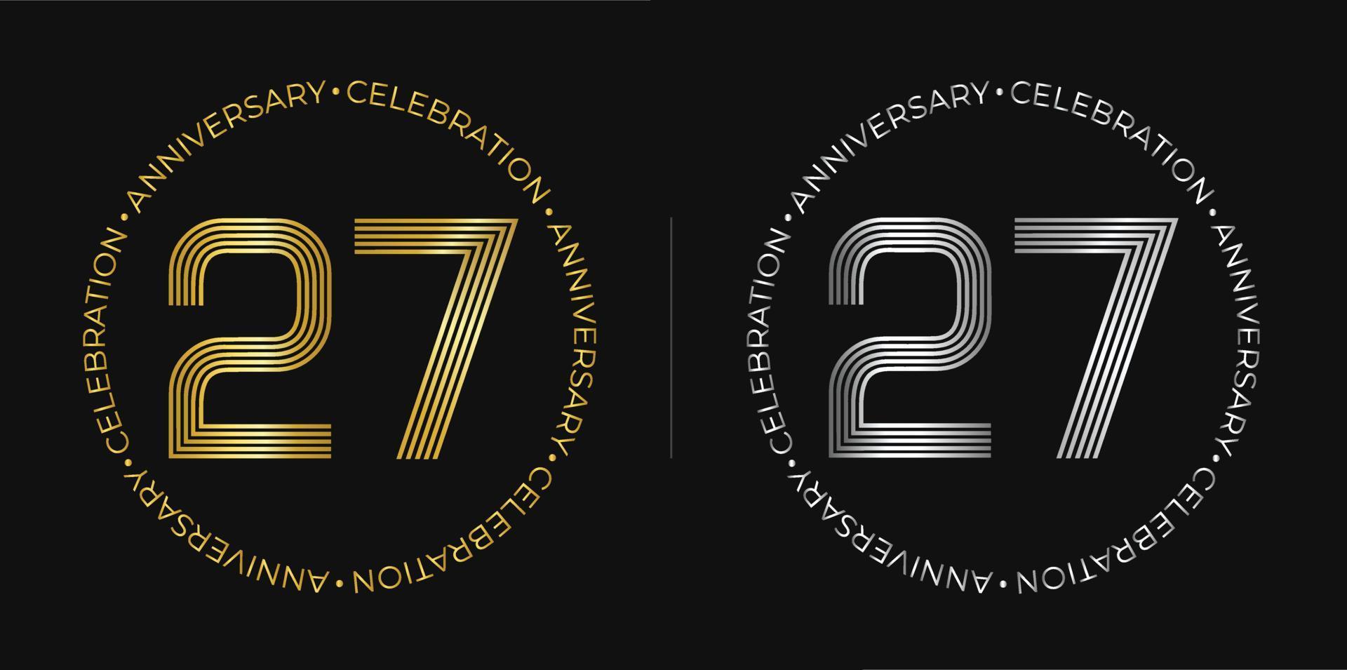 27th birthday. Twenty-seven years anniversary celebration banner in golden and silver colors. Circular logo with original numbers design in elegant lines. vector
