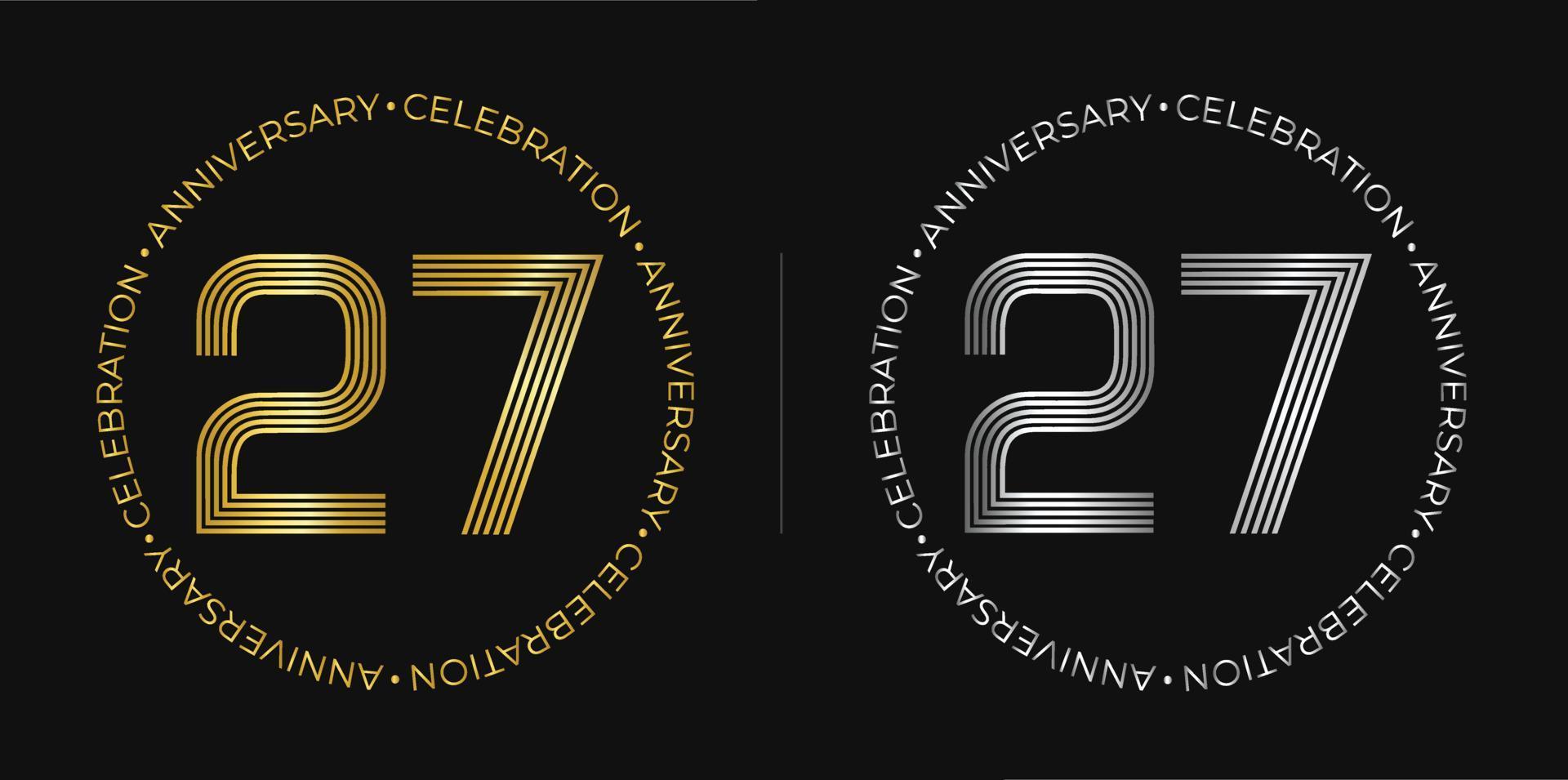 27 cumpleaños. banner de celebración de aniversario de veintisiete años en colores dorado y plateado. logo circular con diseño de números originales en líneas elegantes. vector