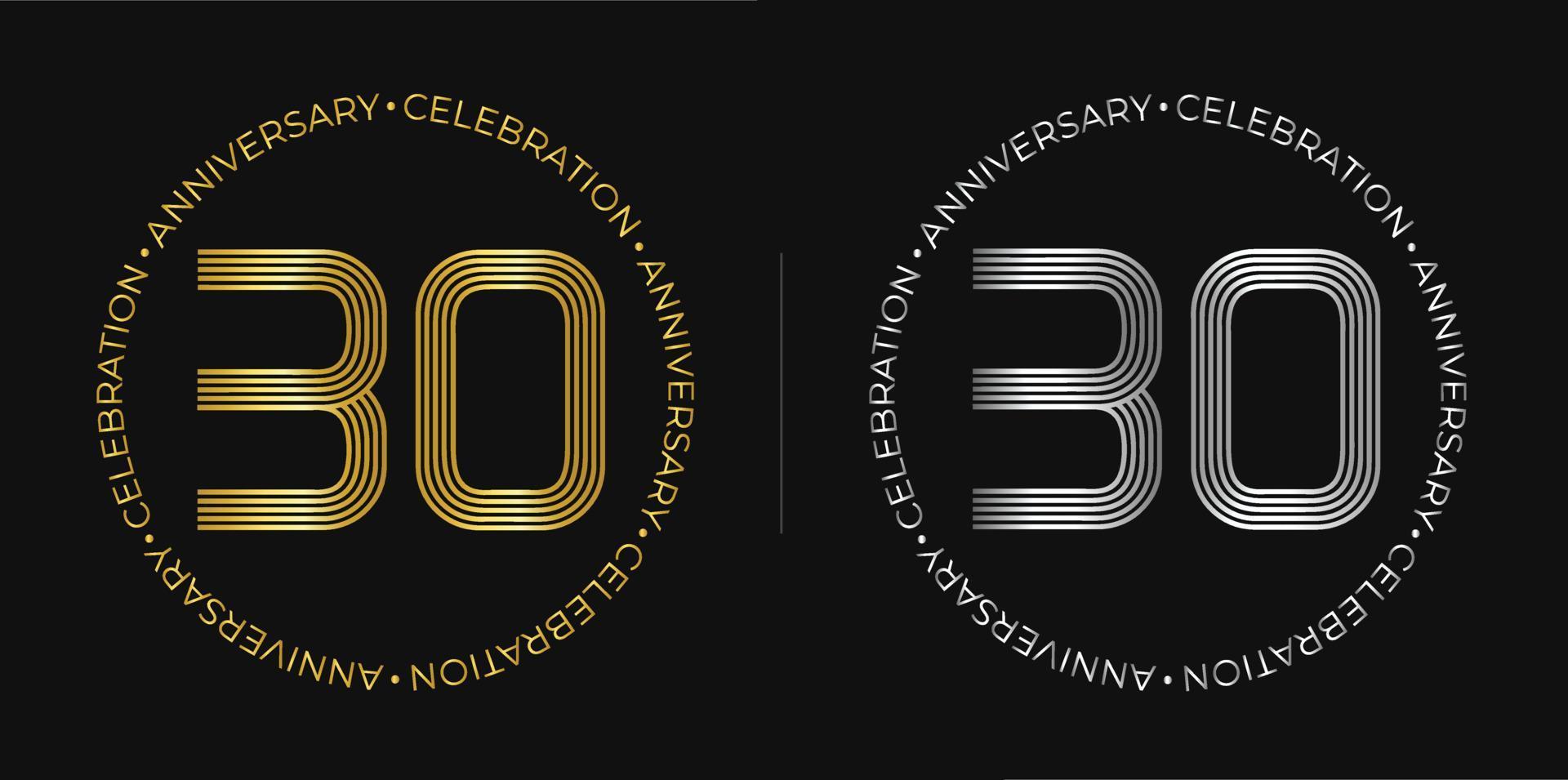 30th birthday. Thirty years anniversary celebration banner in golden and silver colors. Circular logo with original numbers design in elegant lines. vector