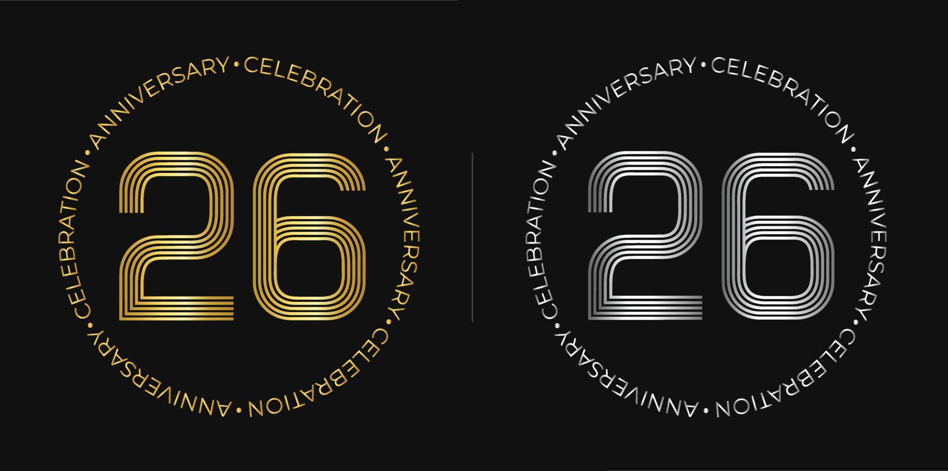 26 cumpleaños. banner de celebración de aniversario de veintiséis años en colores dorado y plateado. logo circular con diseño de números originales en líneas elegantes. vector