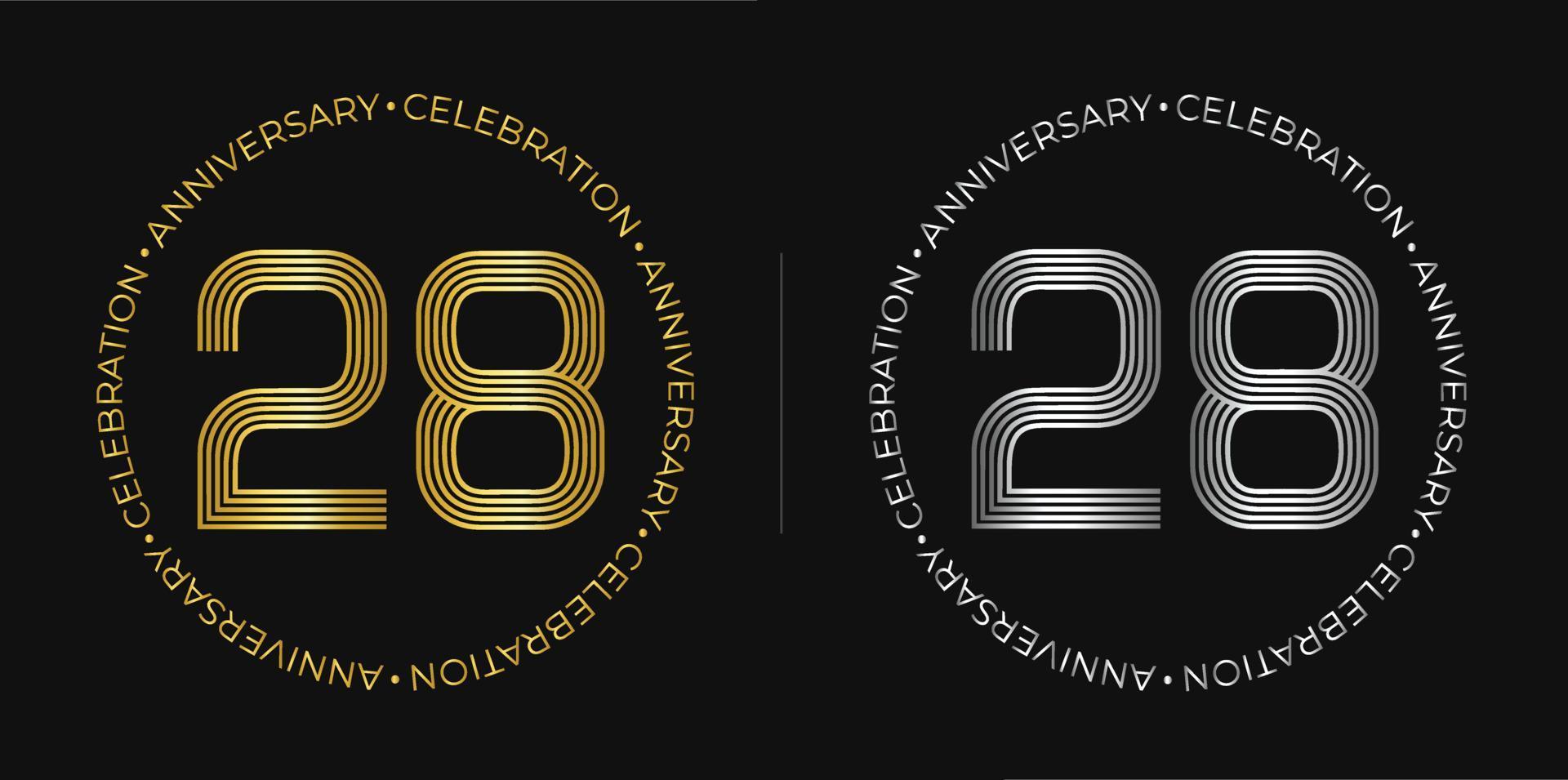 28 cumpleaños. banner de celebración de aniversario de veintiocho años en colores dorado y plateado. logo circular con diseño de números originales en líneas elegantes. vector