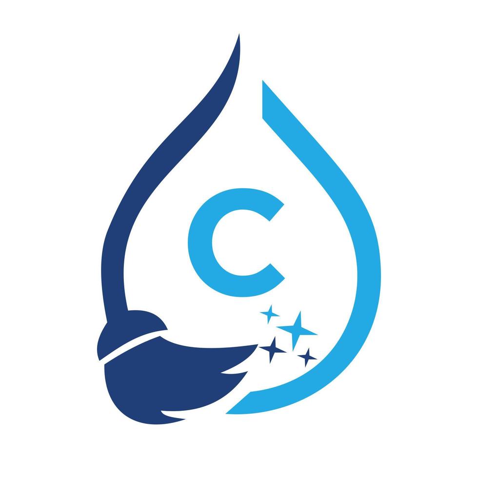 logotipo de limpieza de limpieza en la letra c. signo de casa limpia, cepillo de limpieza de logotipo limpio fresco y plantilla de concepto de gota de agua vector