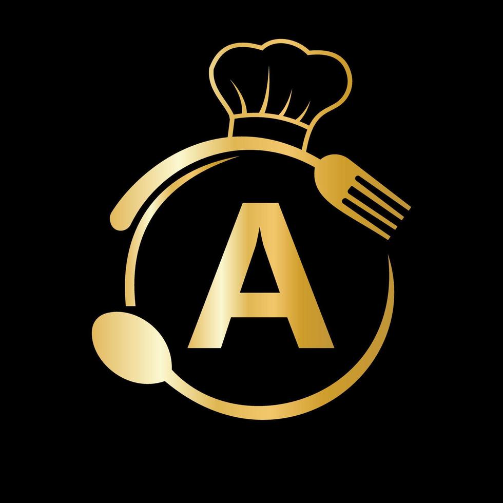 logotipo del restaurante en la letra a con sombrero de chef, símbolo de cuchara y tenedor para letrero de cocina, icono de café, restaurante, vector de negocio de cocina