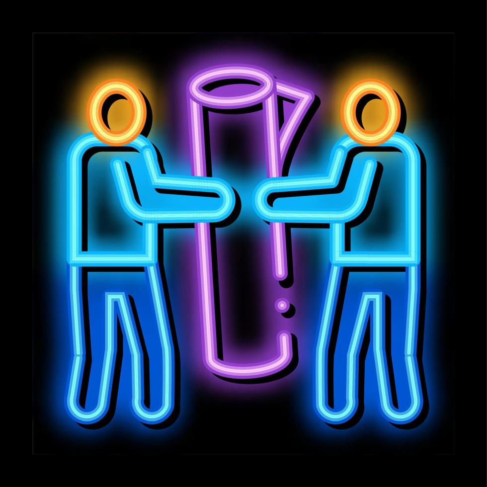 people carry rolled carpet neon glow icon illustration vector