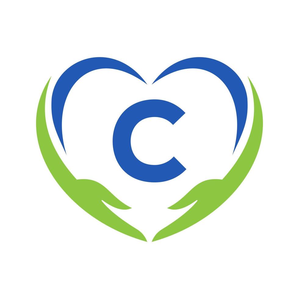 logotipo de cuidado de manos en la letra c. logotipo de caridad, atención médica, fundación con símbolo de mano vector