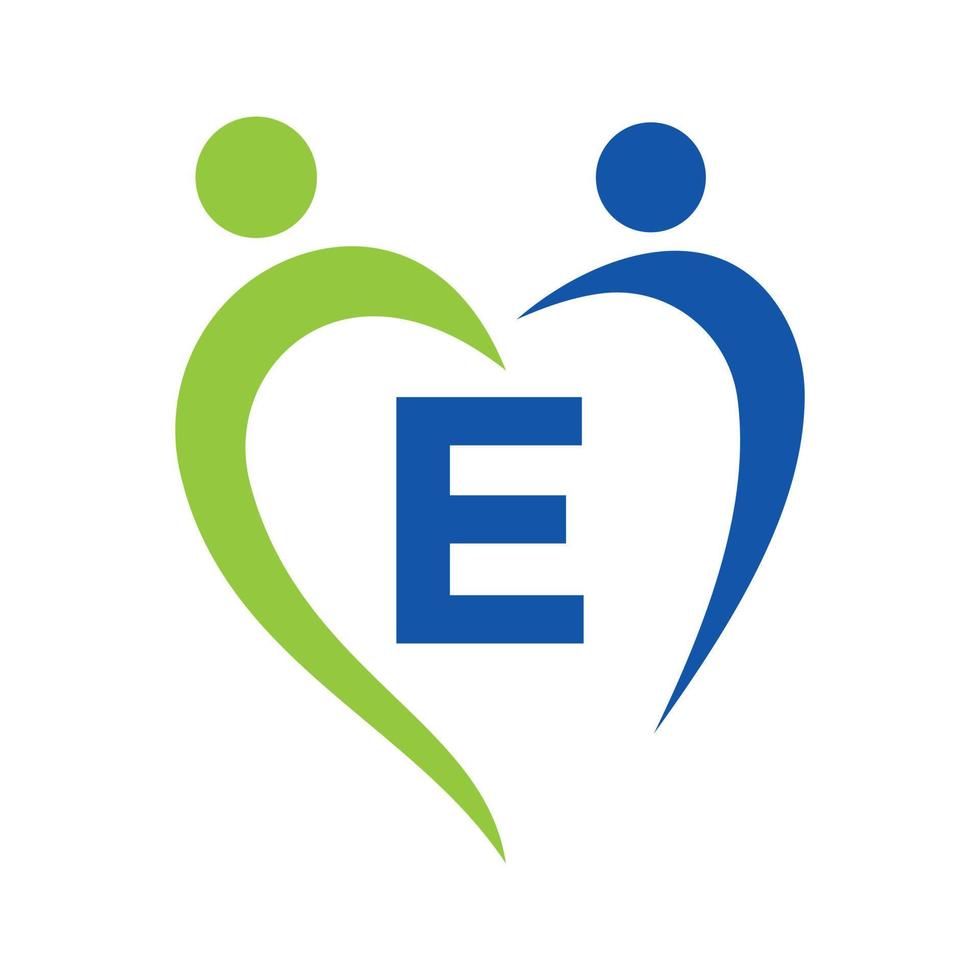 Community Care Logo On Letter E Vector Template. Teamwork, Heart, People, Family Care, Love Logos. Charity Foundation Creative Charity Donation Sign