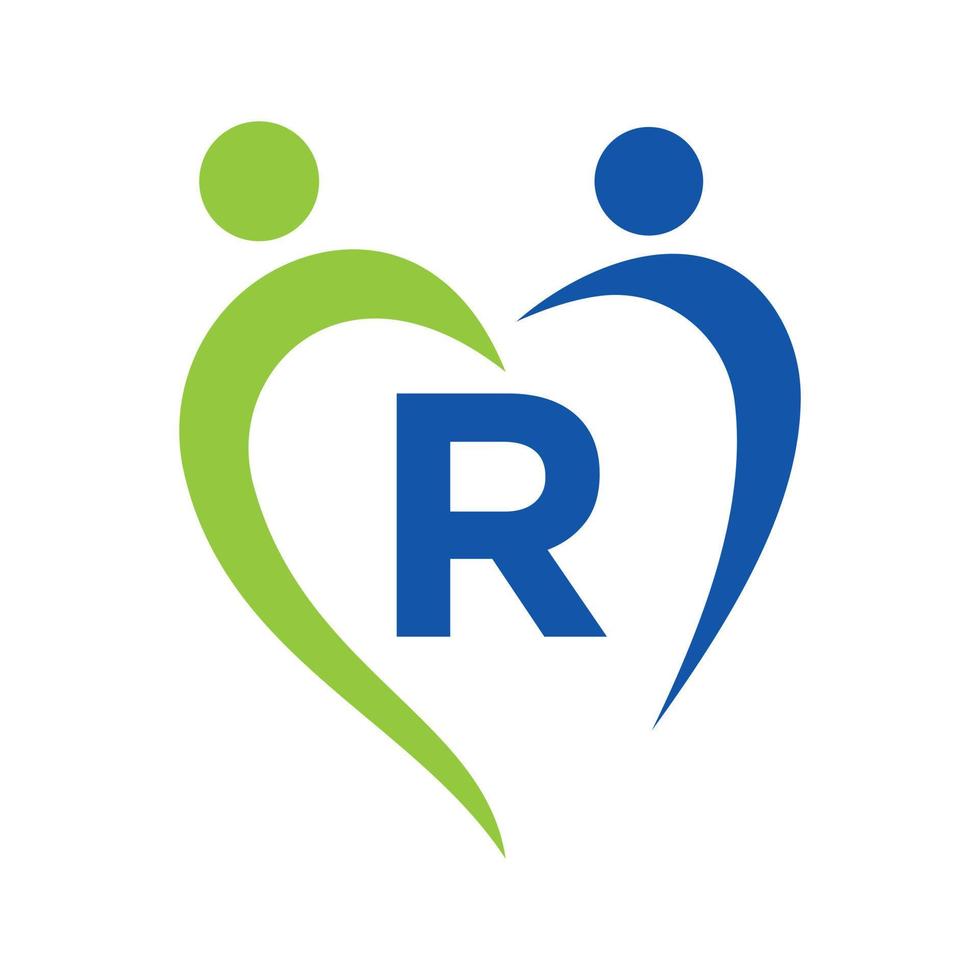 logotipo de atención comunitaria en la plantilla de vector de letra r. trabajo en equipo, corazón, gente, cuidado familiar, logos de amor. fundación de caridad signo de donación de caridad creativa