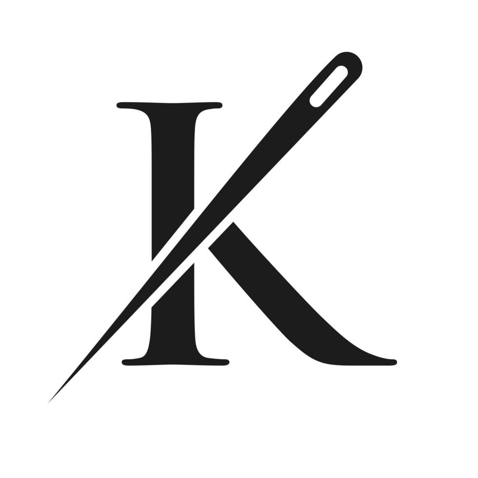 logotipo inicial de la letra k sastre, combinación de aguja e hilo para bordar, textil, moda, tela, tela, plantilla de color dorado vector