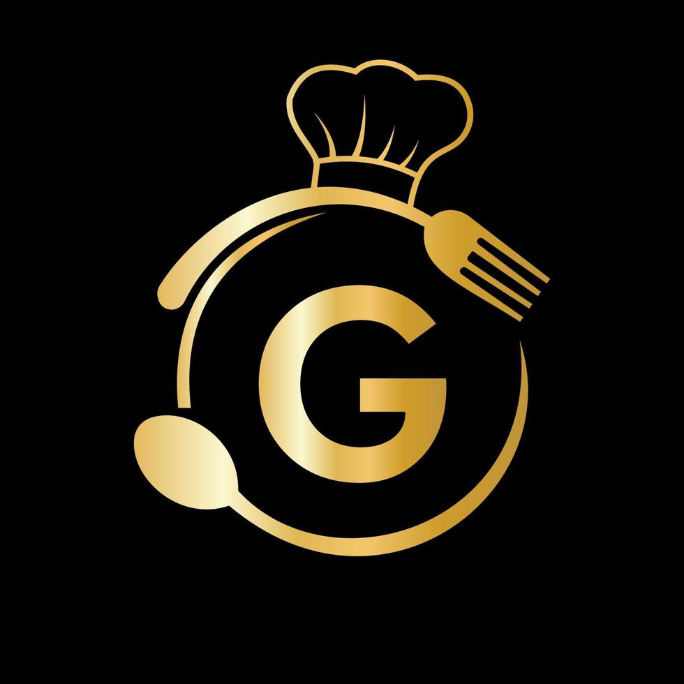 logotipo del restaurante en la letra g con sombrero de chef, símbolo de cuchara y tenedor para letrero de cocina, icono de café, restaurante, vector de negocio de cocina