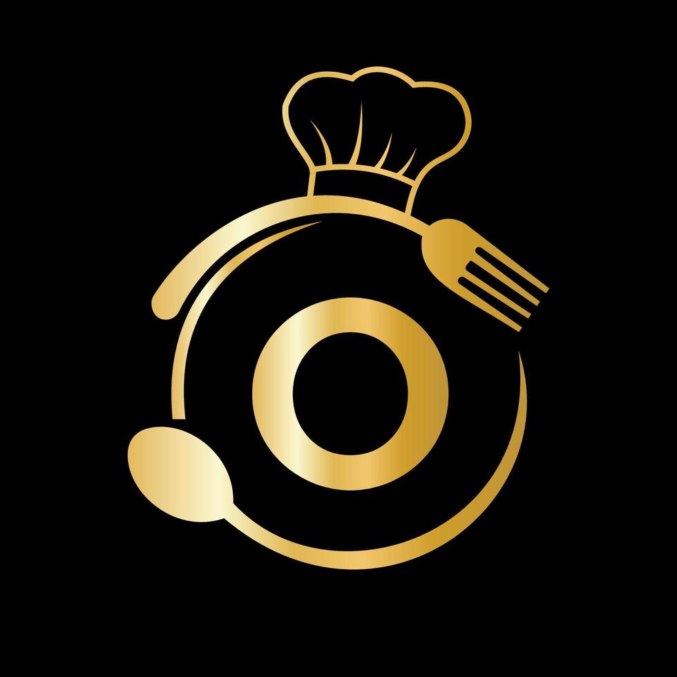 logotipo del restaurante en la letra o con sombrero de chef, símbolo de cuchara y tenedor para el letrero de la cocina, ícono de café, restaurante, vector de negocios de cocina