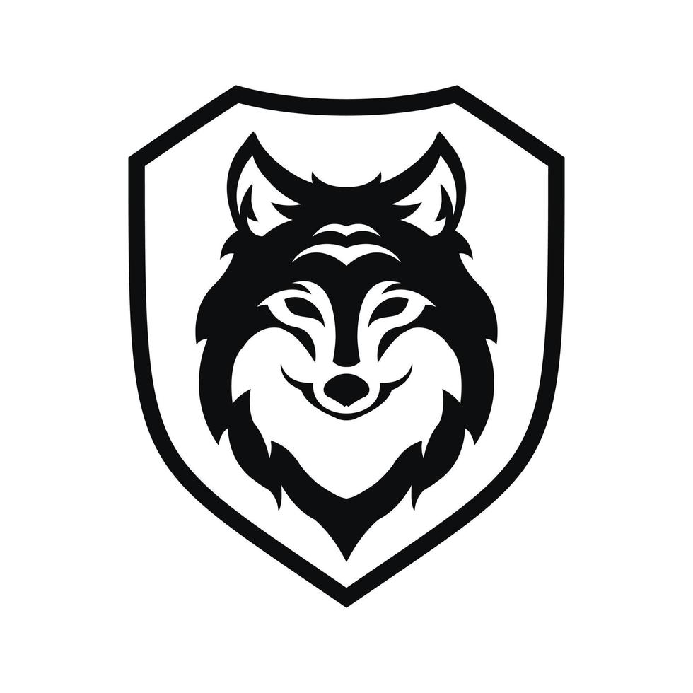 wolf head black logo icon design vector illustration with shield