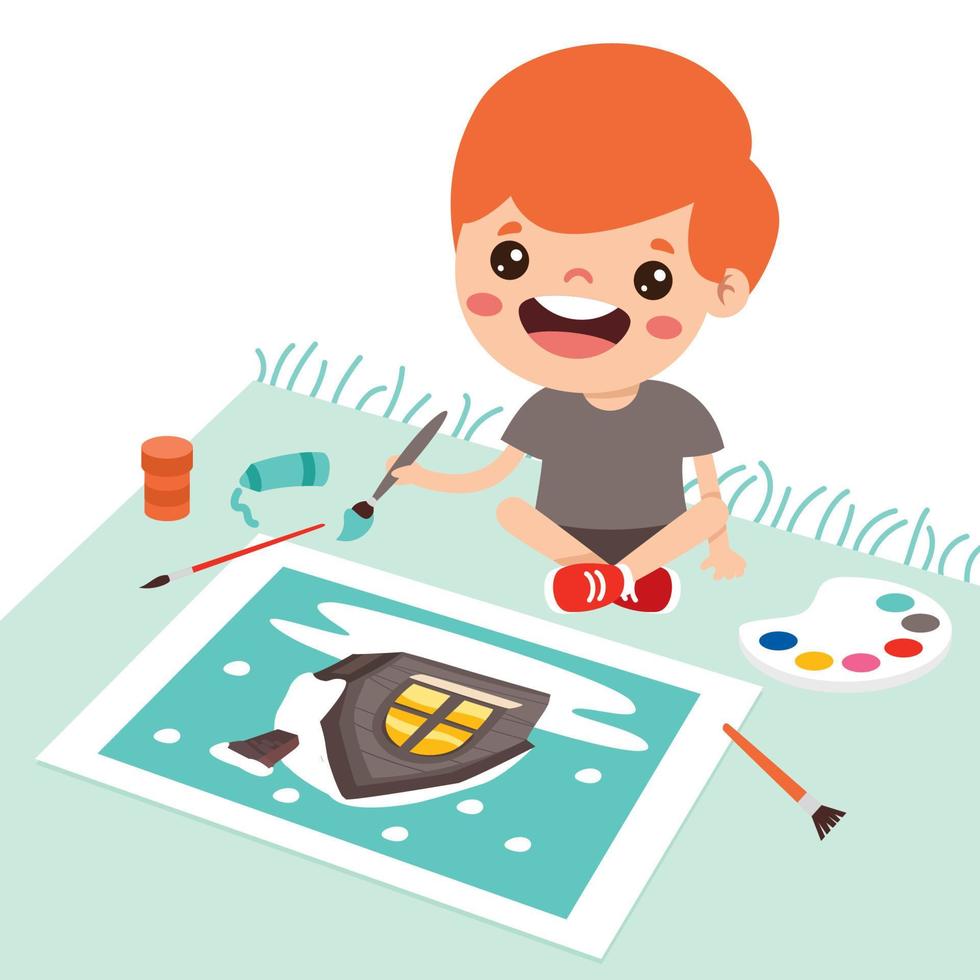 Little Kid Painting On Floor vector