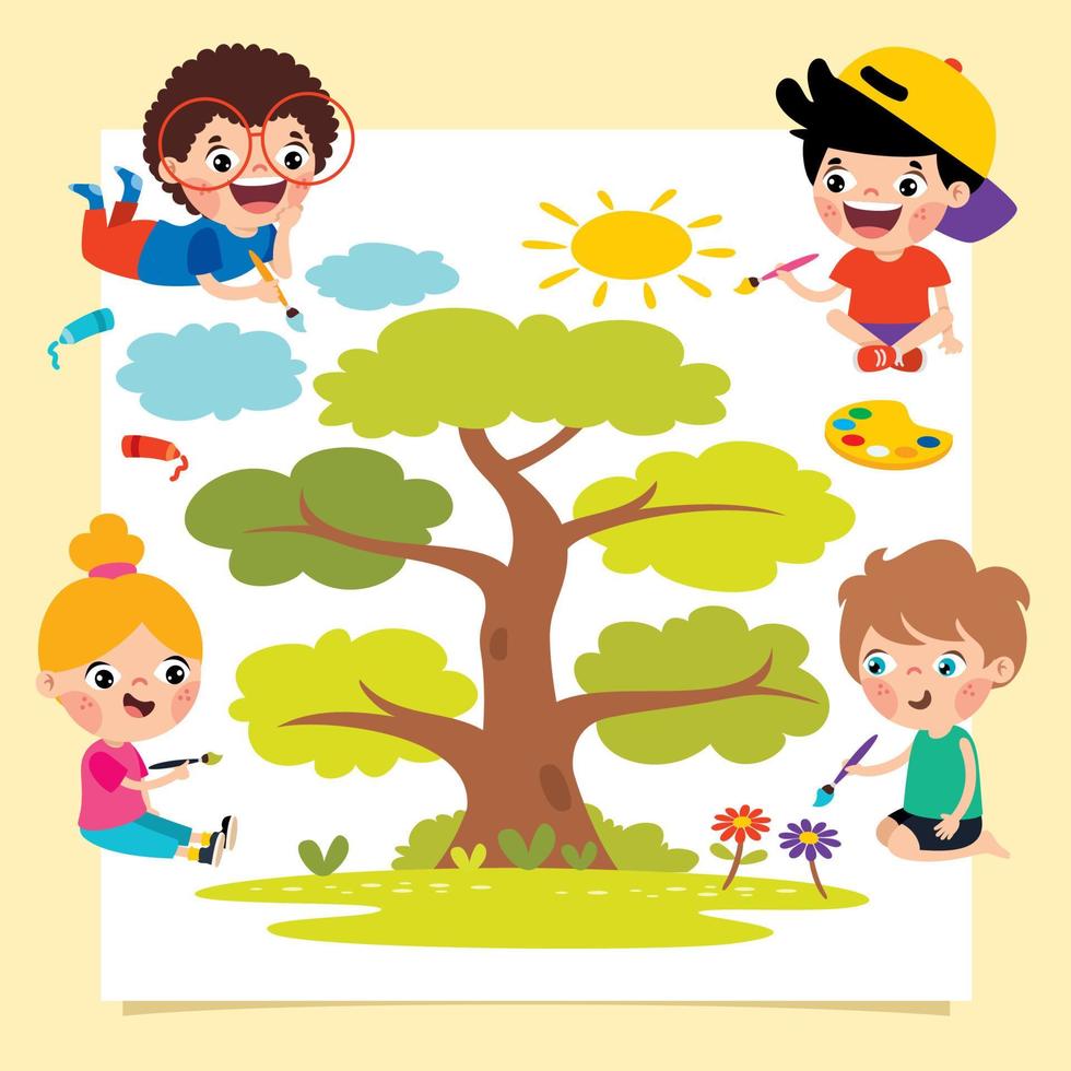 Little Kids Painting On Floor vector