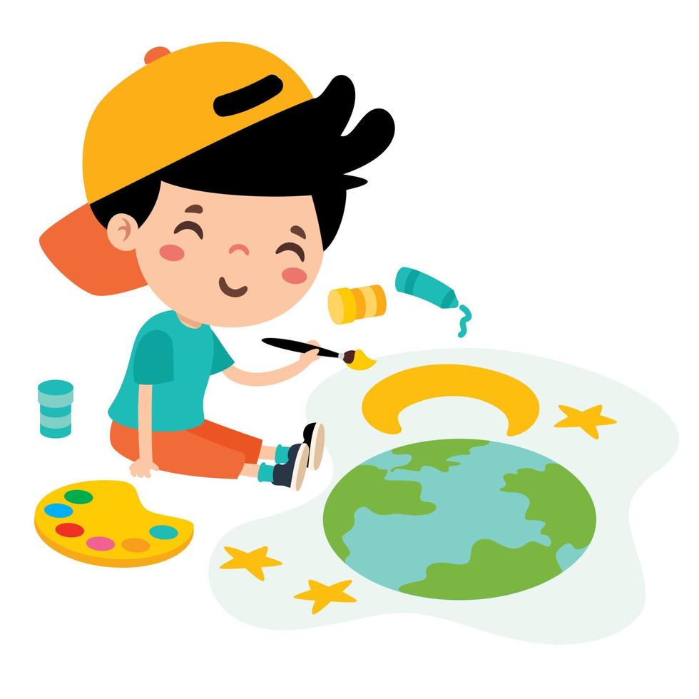 Little Kid Painting On Floor vector