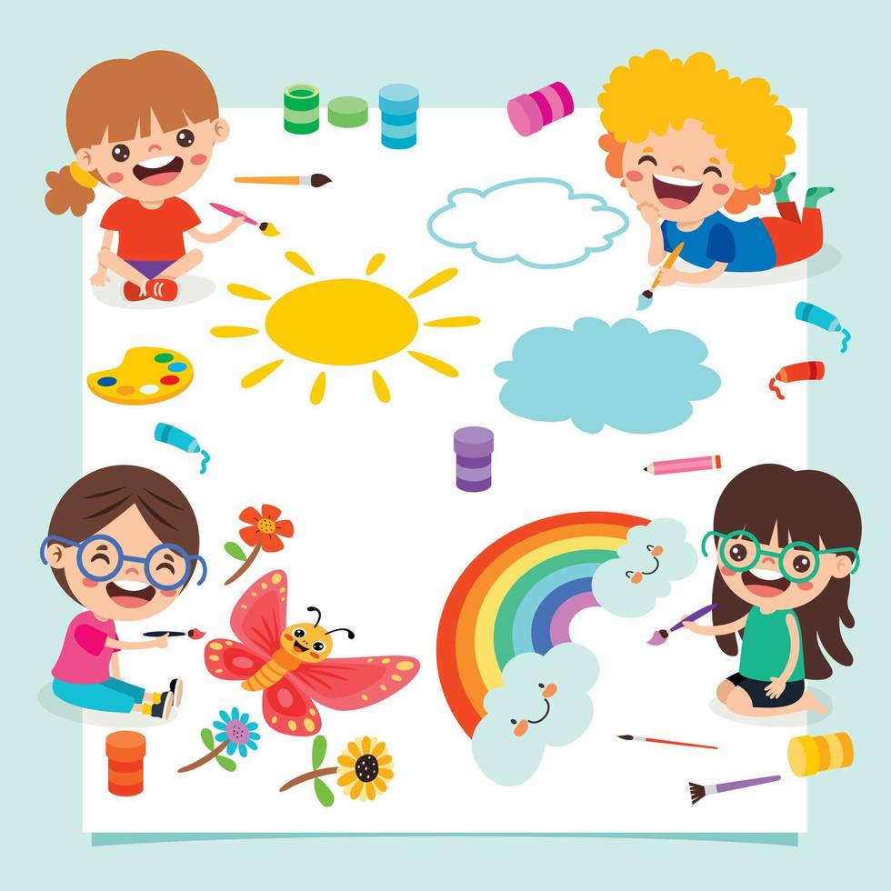 Little Kids Painting On Floor vector