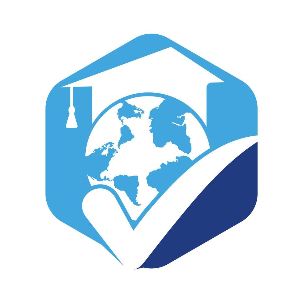 Education world vector logo template with globe and student hat symbol.