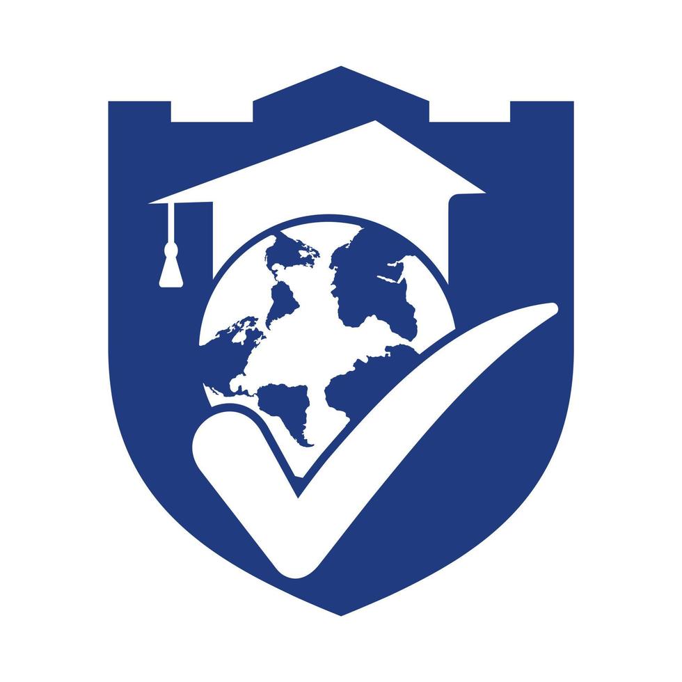 Education world vector logo template with globe and student hat symbol.