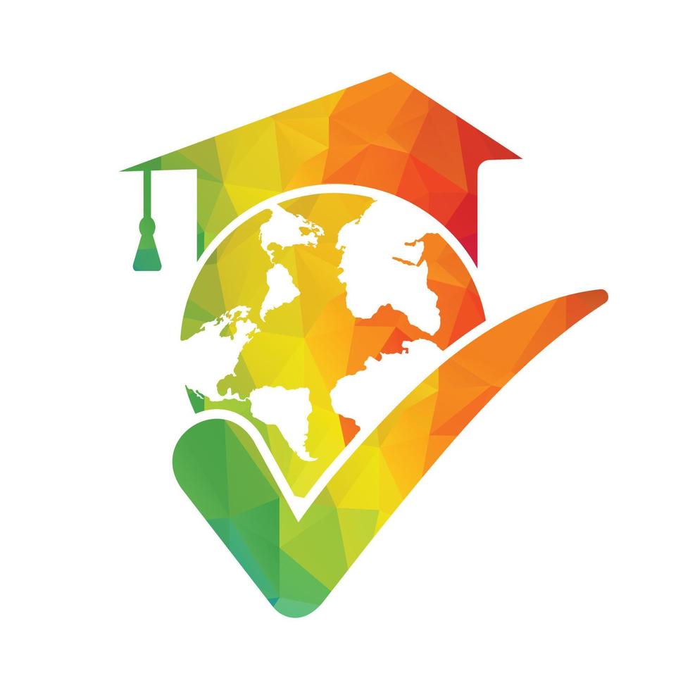 Education world vector logo template with globe and student hat symbol.