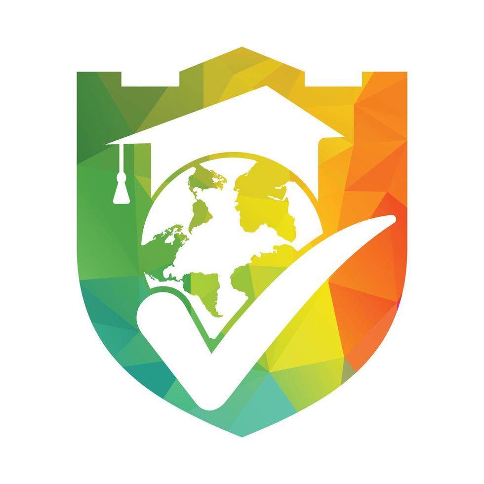 Education world vector logo template with globe and student hat symbol.