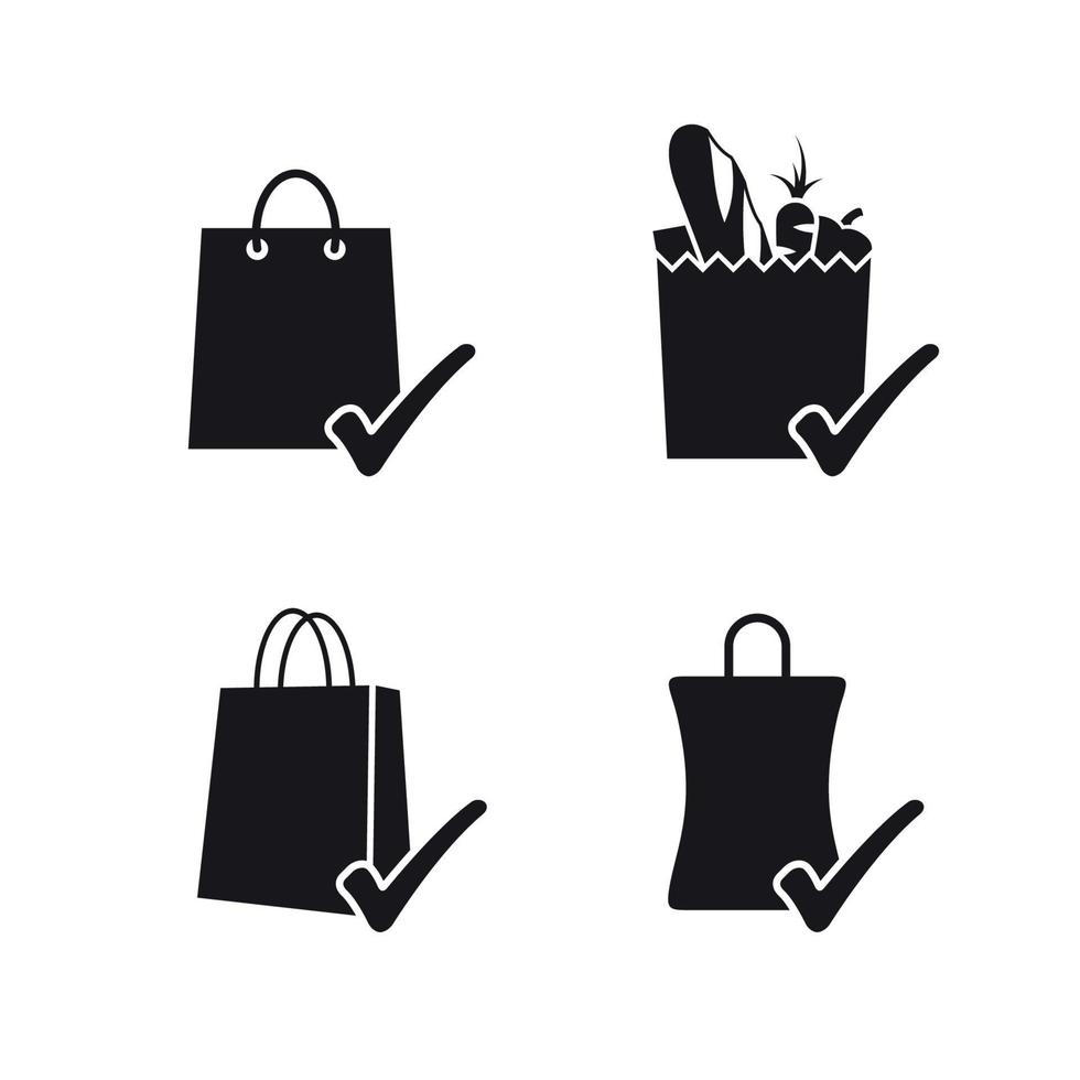 iconos de bolsas de compras con marcas de verificación, símbolos negros vector