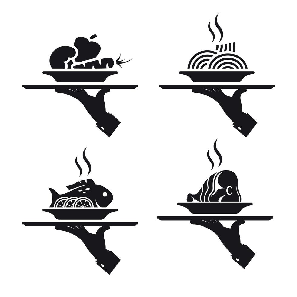 black icons of human hand with a tray on a white background. main courses vector