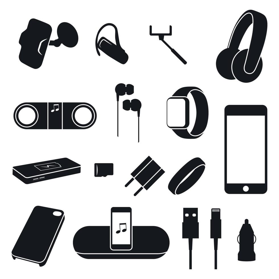 Set of icons on a theme Accessories. Supplies for mobile phones in gray colors vector