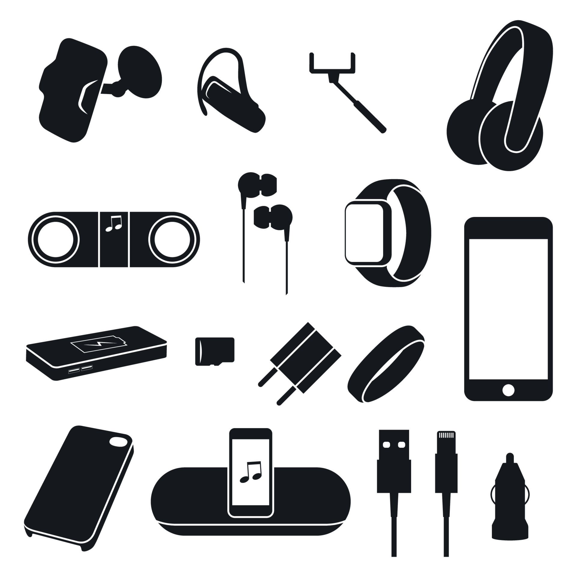 Set of icons on a theme Accessories. Supplies for mobile phones in gray