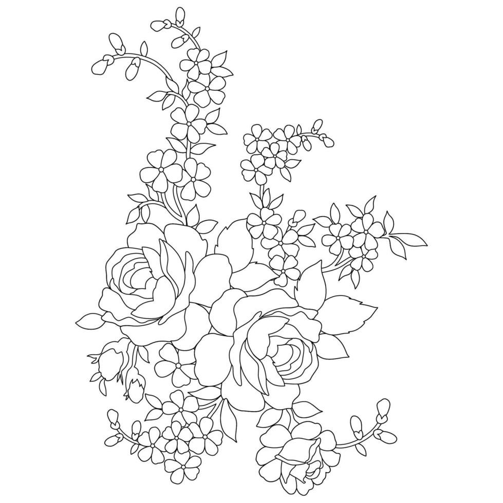 páginas para colorear florales, artes de línea de flores, patrones florales de línea de arte de silueta, dibujo de flores en blanco y negro de contorno, gráficos botánicos de contorno, diseño floral sobre fondo blanco, diseño floral básico vector