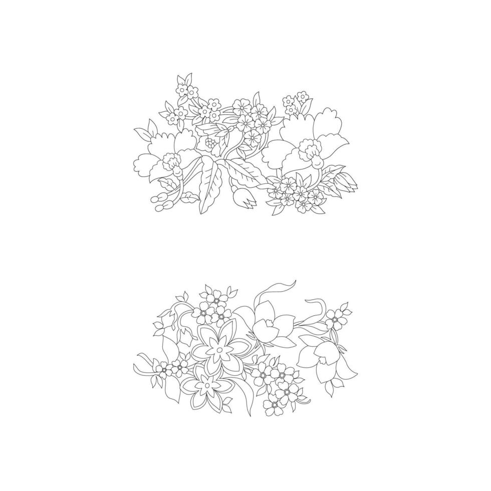 páginas para colorear florales, artes de línea de flores, patrones florales de línea de arte de silueta, dibujo de flores en blanco y negro de contorno, gráficos botánicos de contorno, diseño floral sobre fondo blanco, diseño floral básico vector