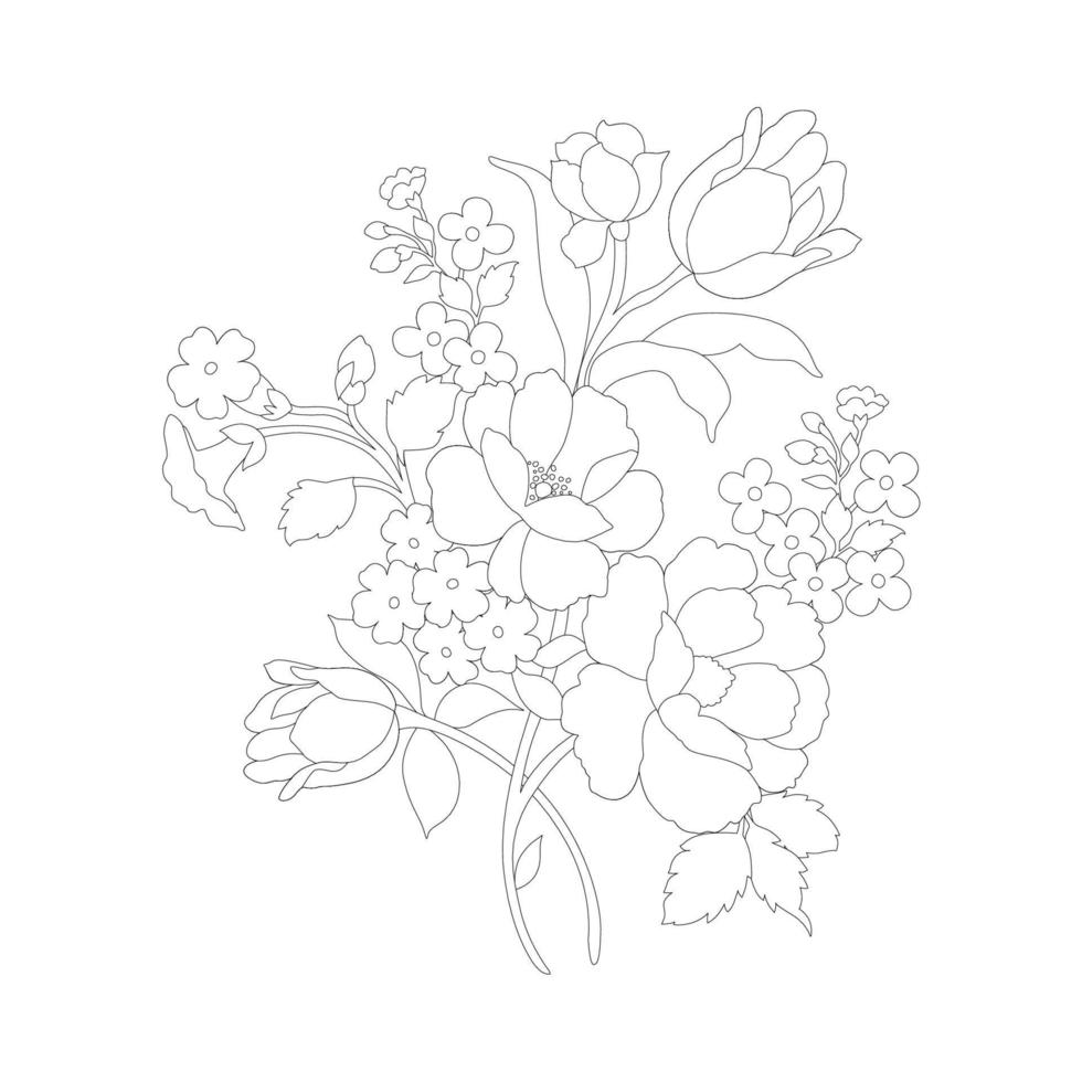 páginas para colorear florales, artes de línea de flores, patrones florales de línea de arte de silueta, dibujo de flores en blanco y negro de contorno, gráficos botánicos de contorno, diseño floral sobre fondo blanco, diseño floral básico vector