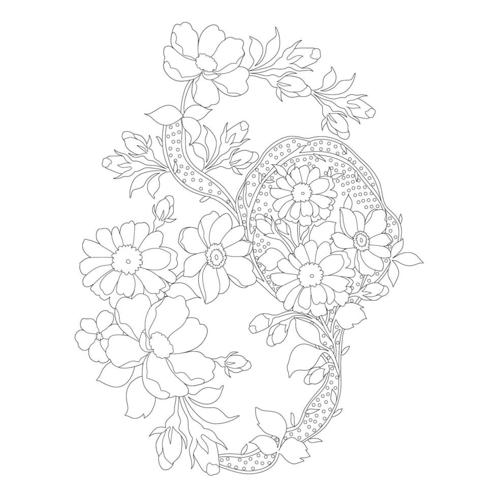 páginas para colorear florales, artes de línea de flores, patrones florales de línea de arte de silueta, dibujo de flores en blanco y negro de contorno, gráficos botánicos de contorno, diseño floral sobre fondo blanco, diseño floral básico vector