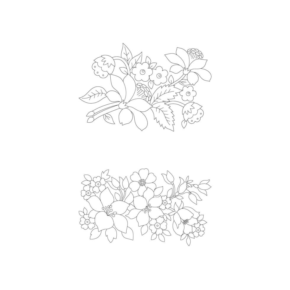 páginas para colorear florales, artes de línea de flores, patrones florales de línea de arte de silueta, dibujo de flores en blanco y negro de contorno, gráficos botánicos de contorno, diseño floral sobre fondo blanco, diseño floral básico vector