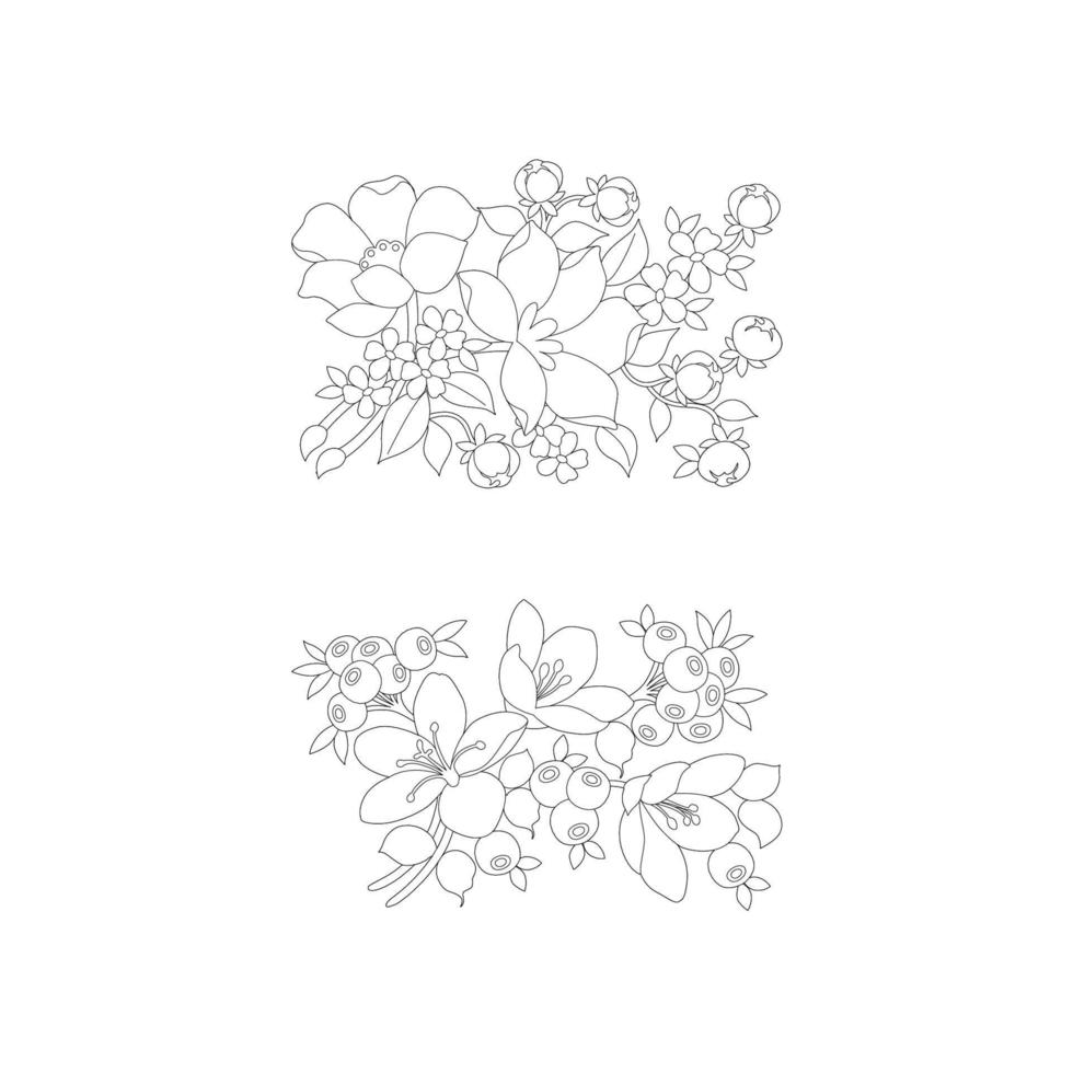 páginas para colorear florales, artes de línea de flores, patrones florales de línea de arte de silueta, dibujo de flores en blanco y negro de contorno, gráficos botánicos de contorno, diseño floral sobre fondo blanco, diseño floral básico vector