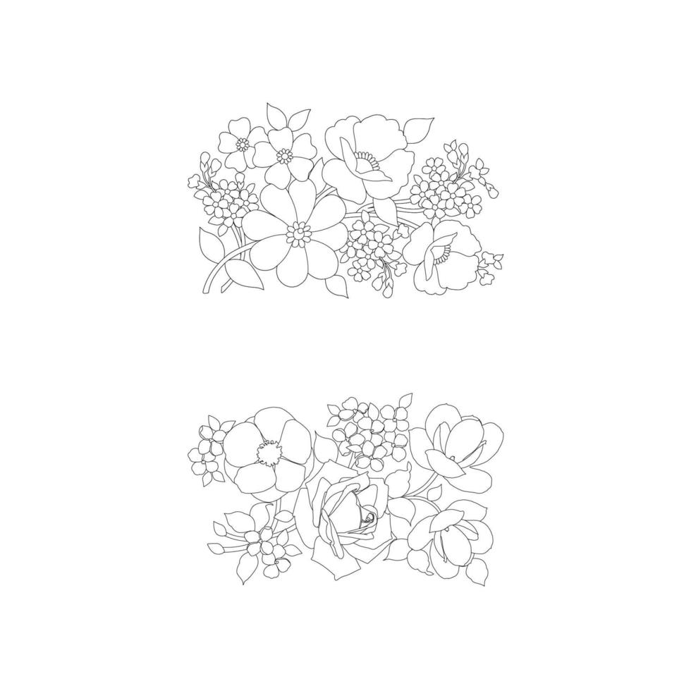 páginas para colorear florales, artes de línea de flores, patrones florales de línea de arte de silueta, dibujo de flores en blanco y negro de contorno, gráficos botánicos de contorno, diseño floral sobre fondo blanco, diseño floral básico vector