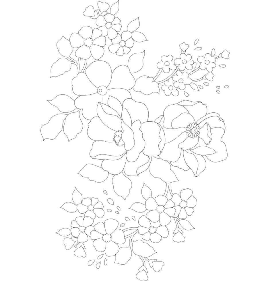 páginas para colorear florales, artes de línea de flores, patrones florales de línea de arte de silueta, dibujo de flores en blanco y negro de contorno, gráficos botánicos de contorno, diseño floral sobre fondo blanco, diseño floral básico vector