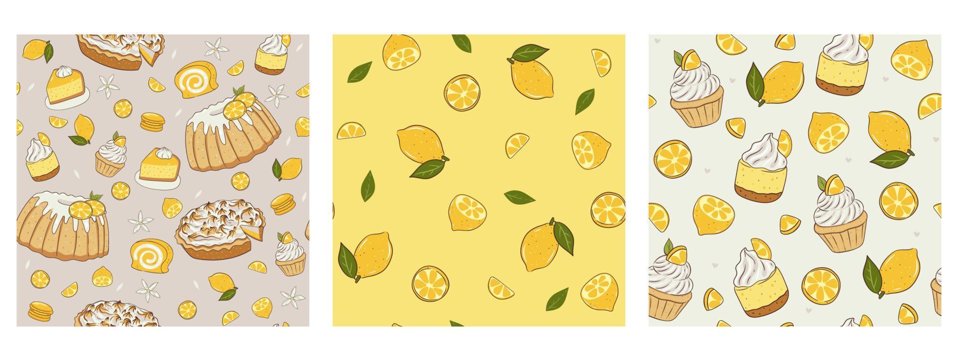 Set of patterns with lemons and desserts. Vector graphics.