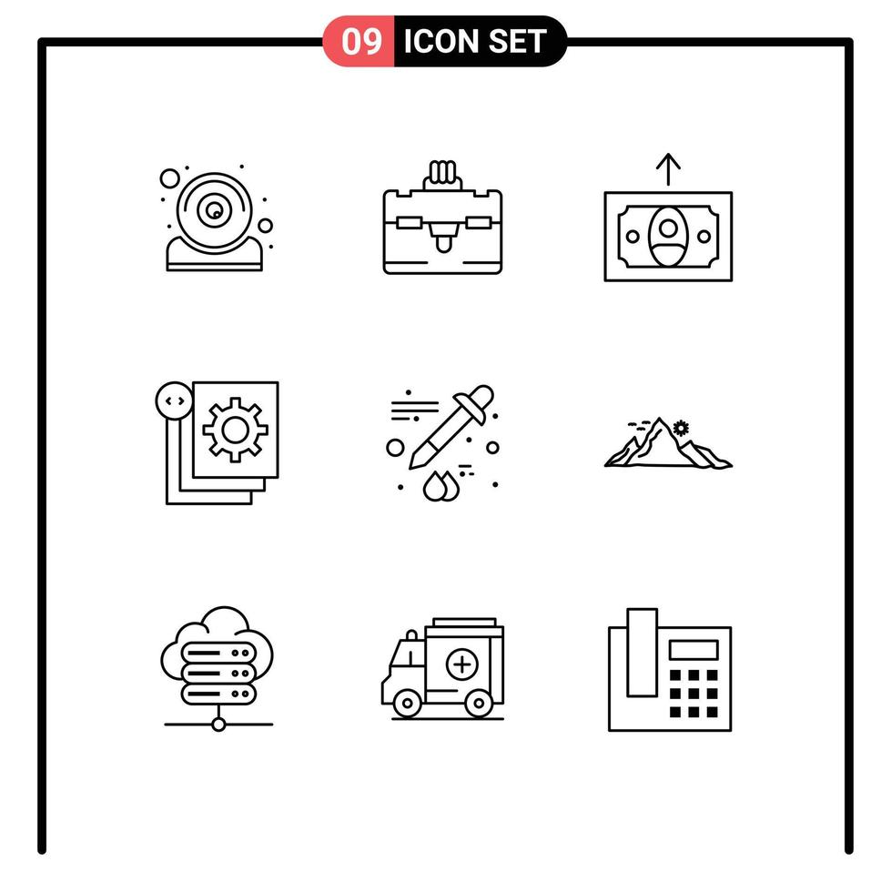 9 Universal Outlines Set for Web and Mobile Applications eyedropper color finance programming development Editable Vector Design Elements
