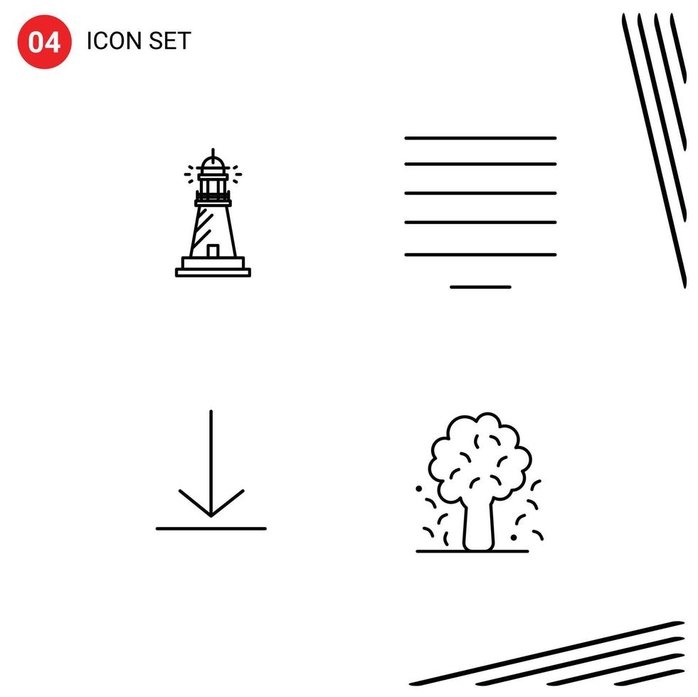 Set of 4 Vector Filledline Flat Colors on Grid for lighthouse video beach center tree Editable Vector Design Elements