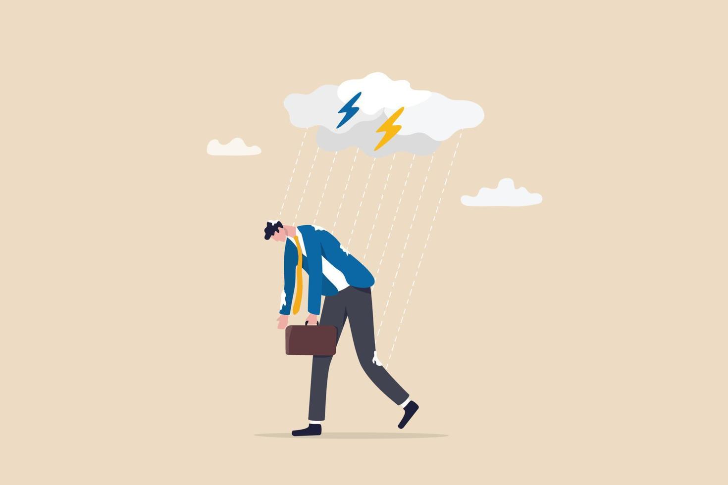 tener un mal día, trabajo decepcionado, desánimo o depresión, fracaso sentirse mal o dificultad, tener problemas y concepto de problemas, hombre de negocios mojado deprimido caminando bajo la lluvia tormenta.y vector