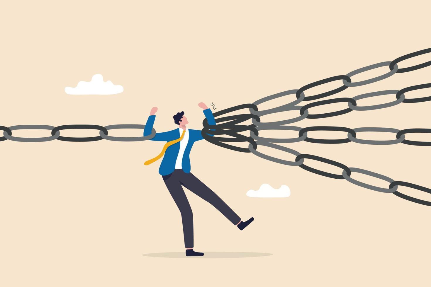 Single point of failure, risk or vulnerable weak point to make all system down, important point to hazard or beware danger concept, businessman at try so hard to hold multiple chain to avoid failure. vector
