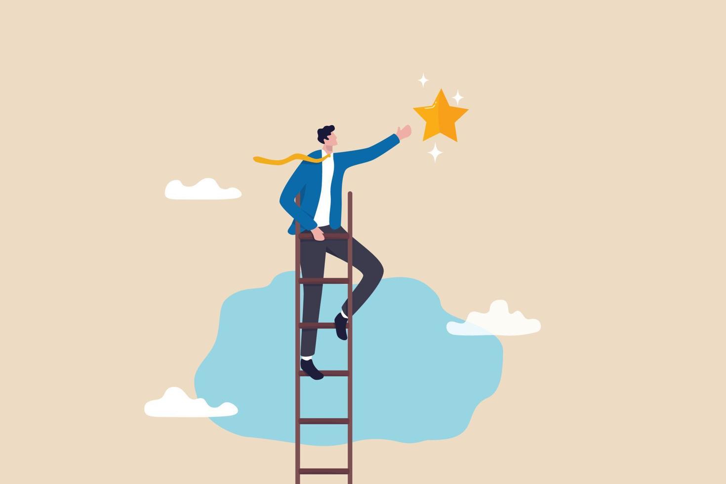 Success ladder to reach goal, achievement or opportunity, climb up ladder to get new hope, accomplishment or career development concept, businessman climb up ladder of success to reach star target. vector