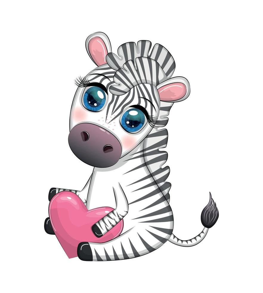 Cute zebra holds a heart in her hands. Valentine's day card vector