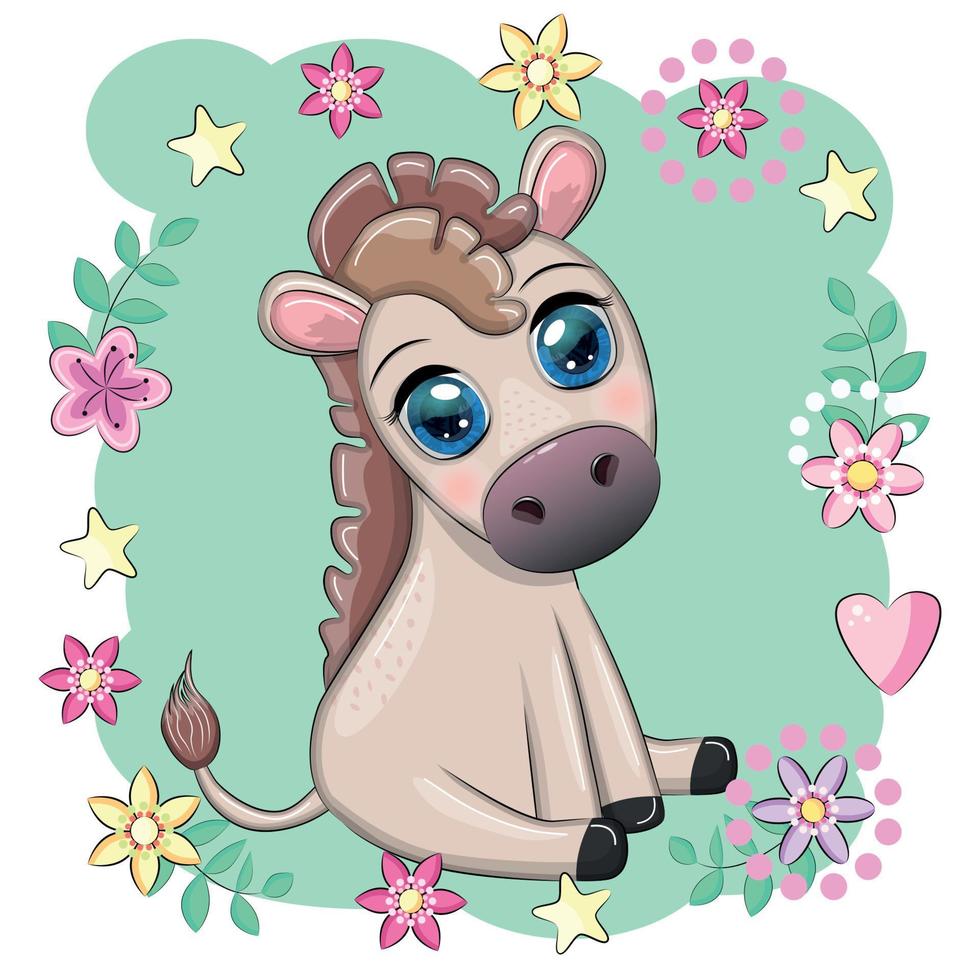 Cute donkey in flowers, with balloons, spring theme. Postcard for the holiday. vector