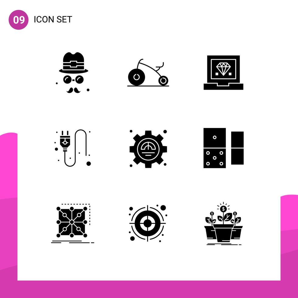 grupo de 9 signos y símbolos de glifos sólidos para la excelencia en la productividad desarrollar elementos de diseño de vectores editables de enchufe de eficiencia