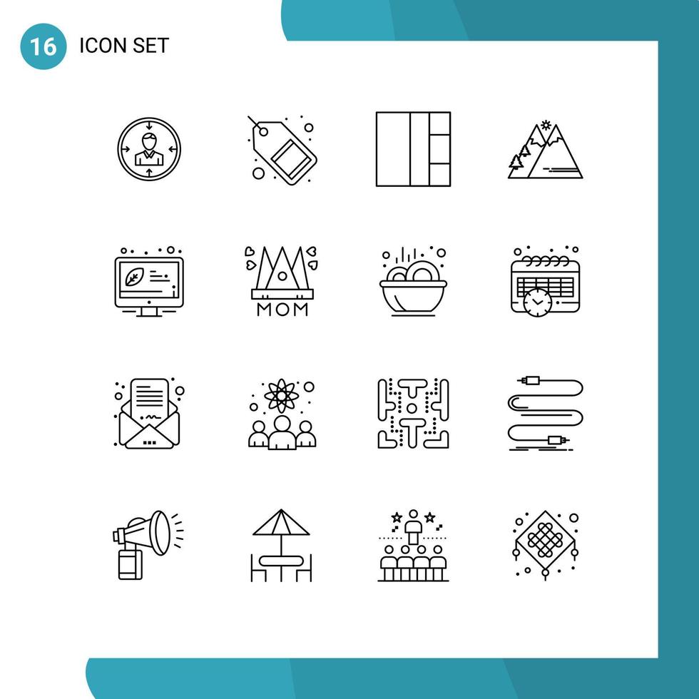 16 Universal Outline Signs Symbols of sun nature market mountains grid Editable Vector Design Elements