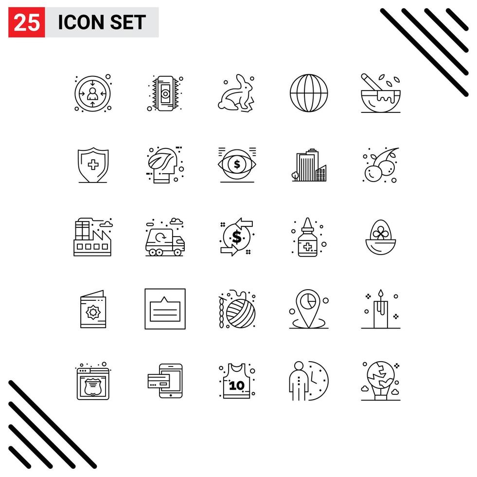 Universal Icon Symbols Group of 25 Modern Lines of cooking internet bunny globe earth Editable Vector Design Elements