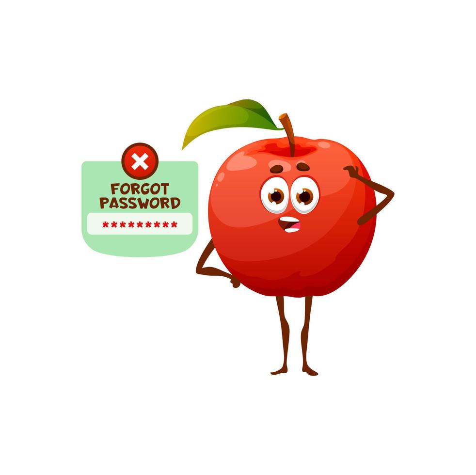 Forgot password cartoon apple character, login vector
