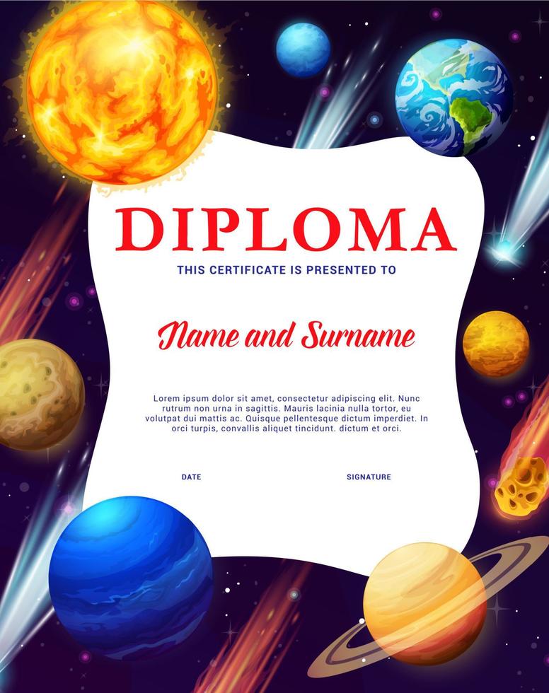 Kids diploma of space explorer, cartoon planets vector